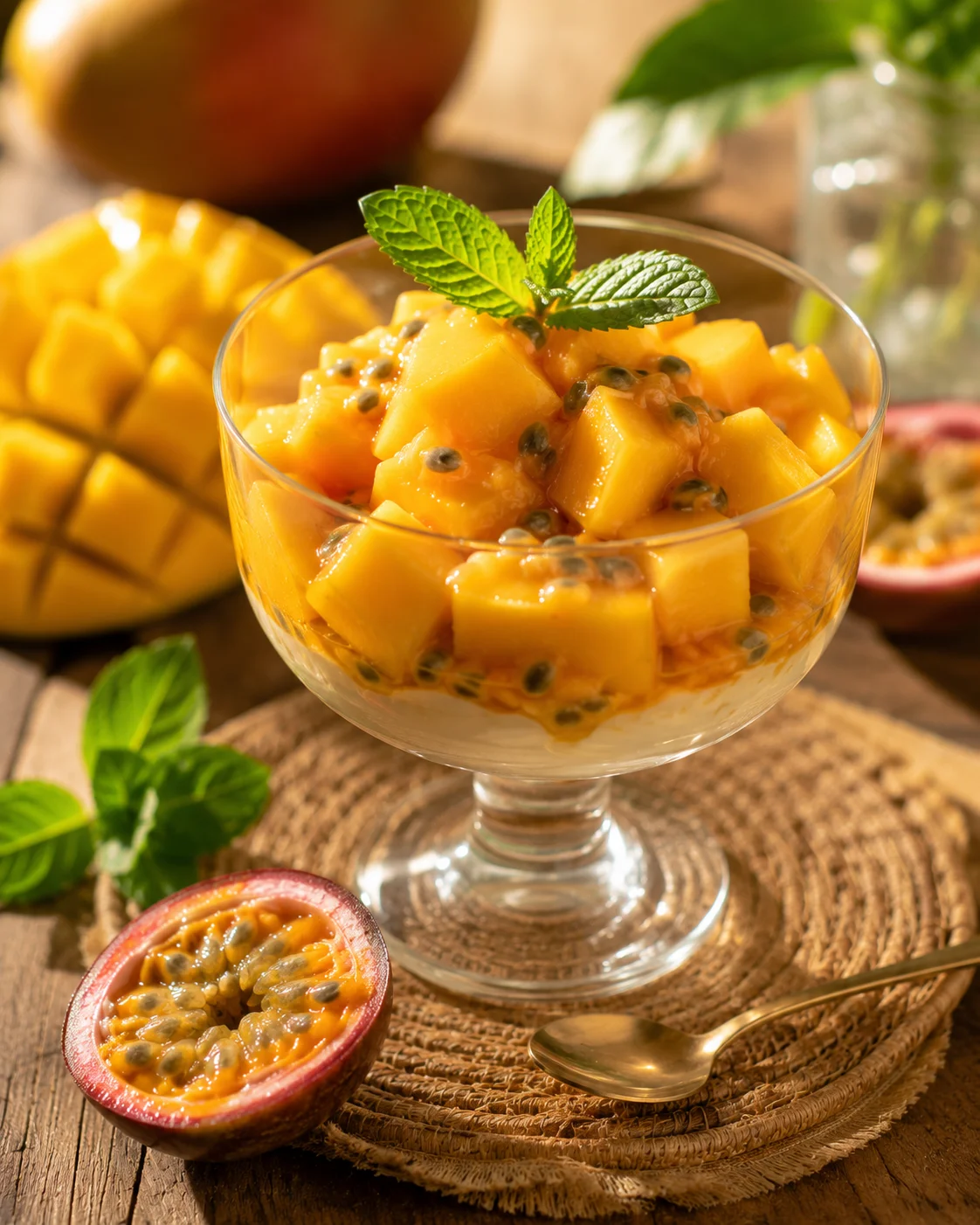 Coupe Mangue Passion servie dans un verre élégant avec menthe fraîche