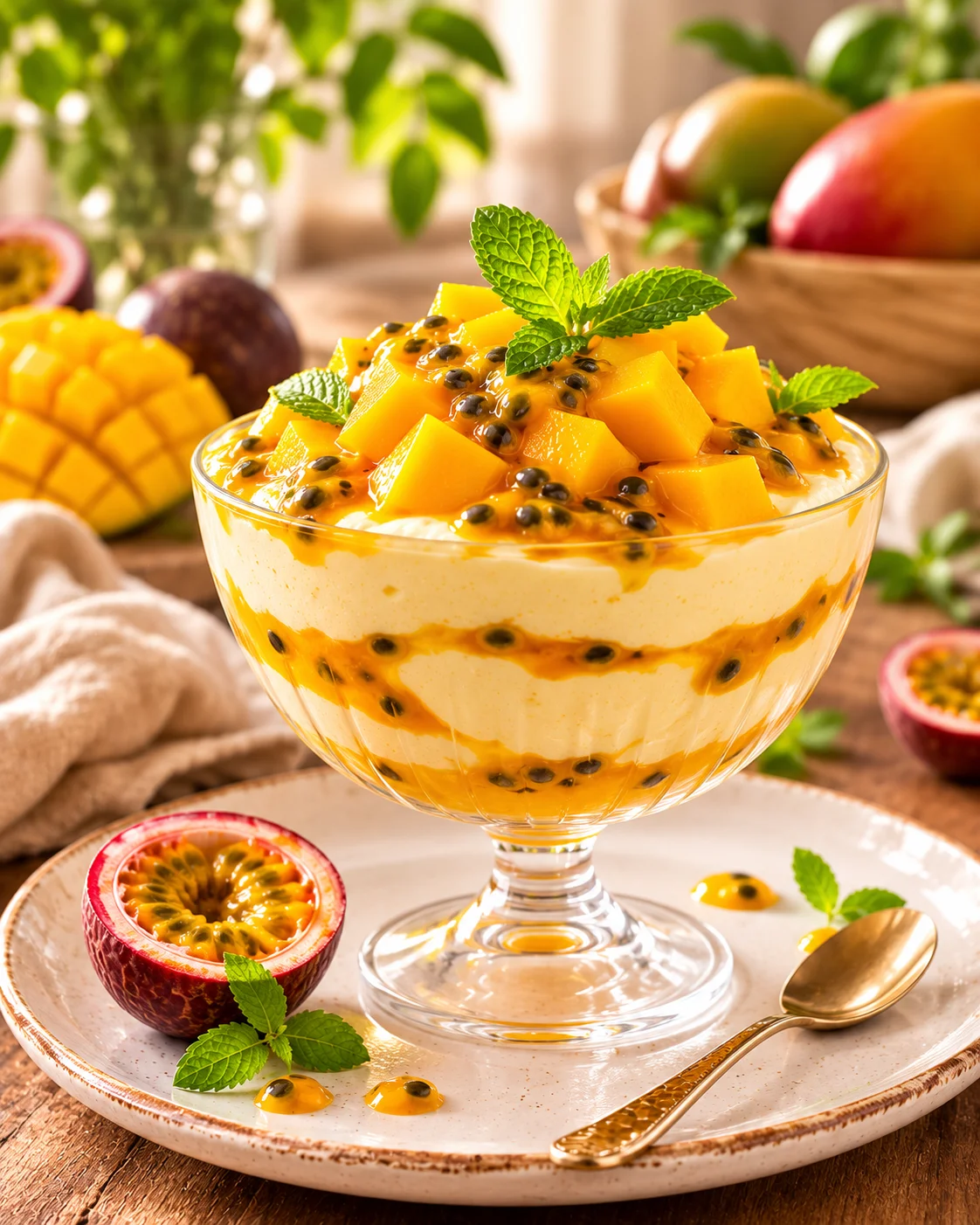 Coupe Mangue Passion sans produits laitiers servie dans des verrines avec crème de coco