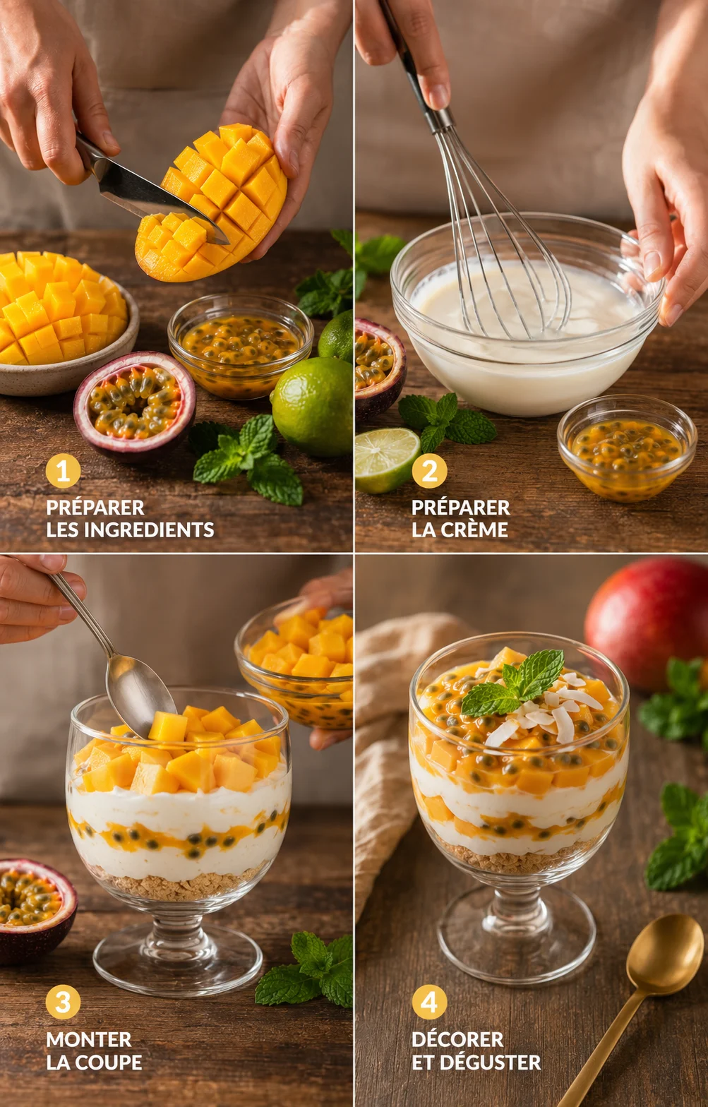 Présentation étape par étape d'une Coupe Mangue Passion dans des verrines transparentes