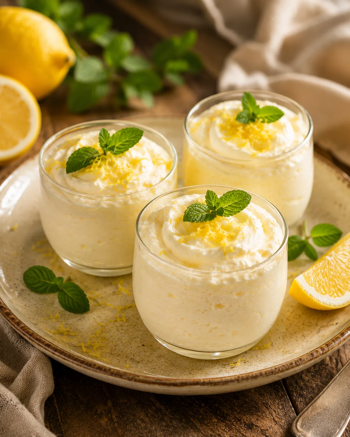 Mousse Citron Express servie en verrines avec zeste de citron et menthe fraîche