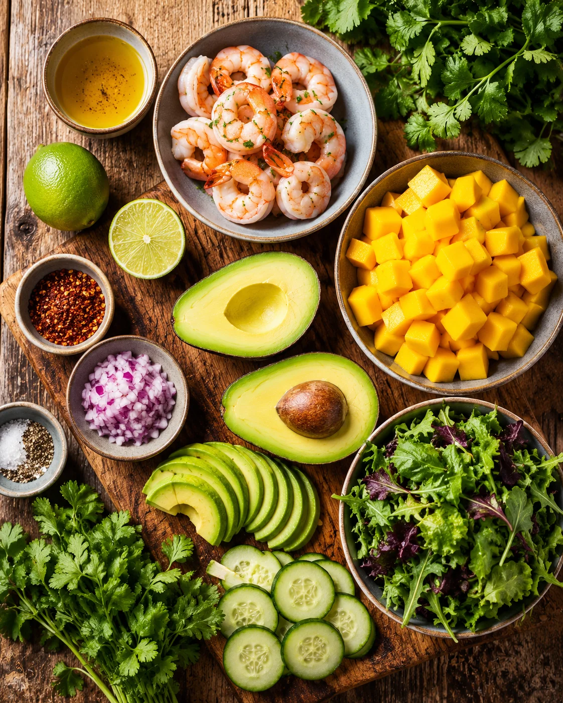 Ingrédients frais pour la Salade Avocat Crevettes & Mangue : avocat, mangue, crevettes, citron vert et herbes