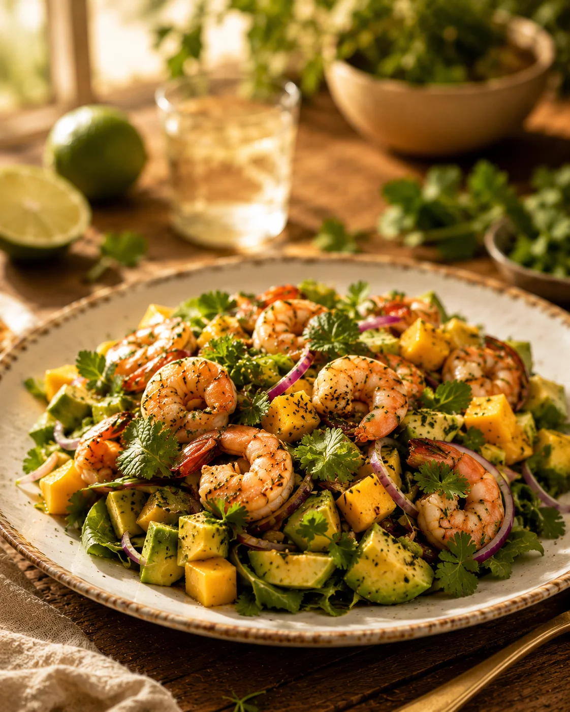 Salade Avocat Crevettes & Mangue servie dans une assiette élégante avec herbes fraîches