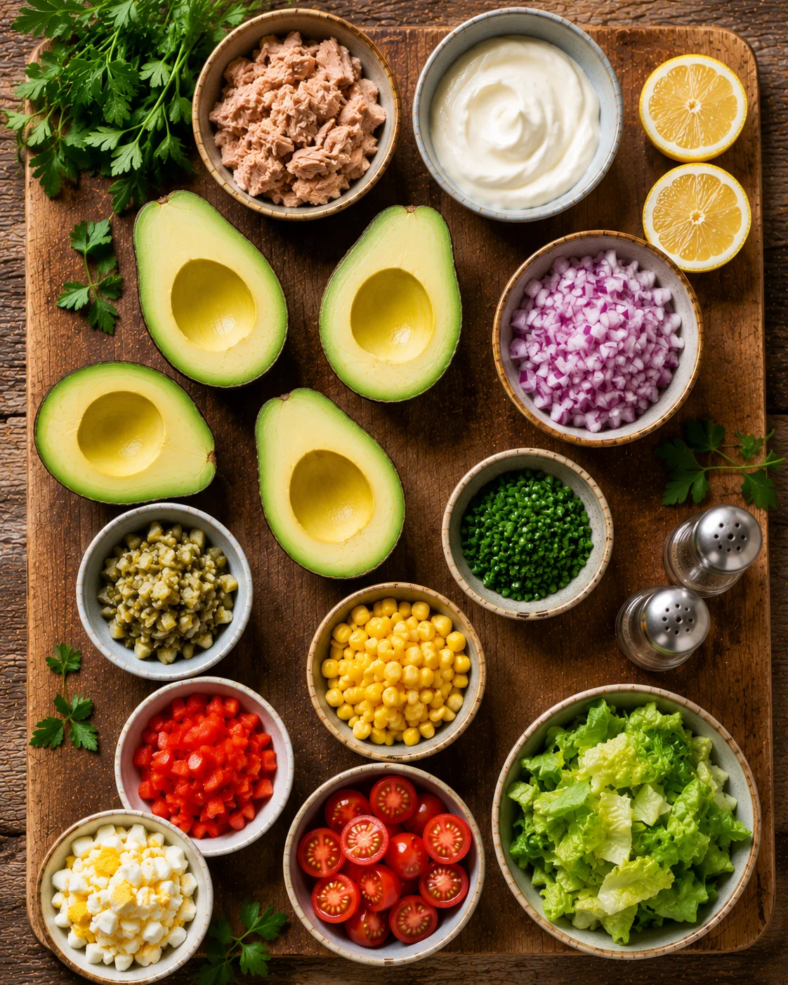 Ingrédients pour la Salade Avocats Farcis : avocats, crevettes, citron, herbes fraîches