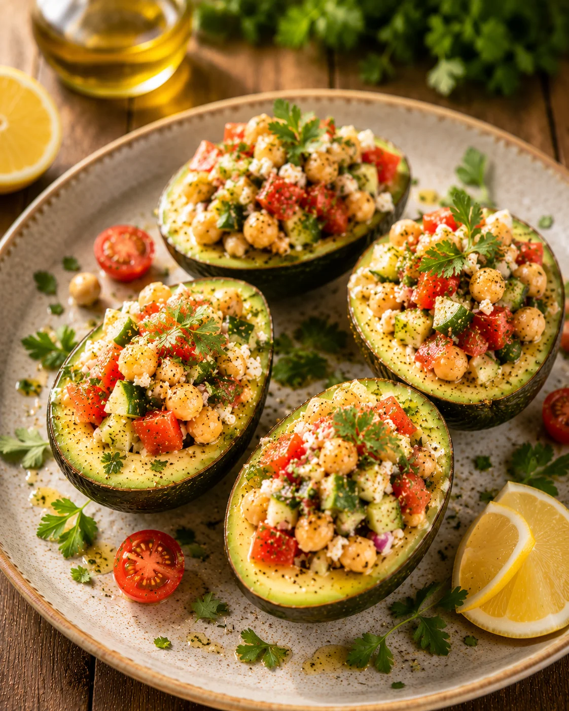 Salade Avocats Farcis dressée élégamment sur lit de roquette avec grenades et herbes fraîches