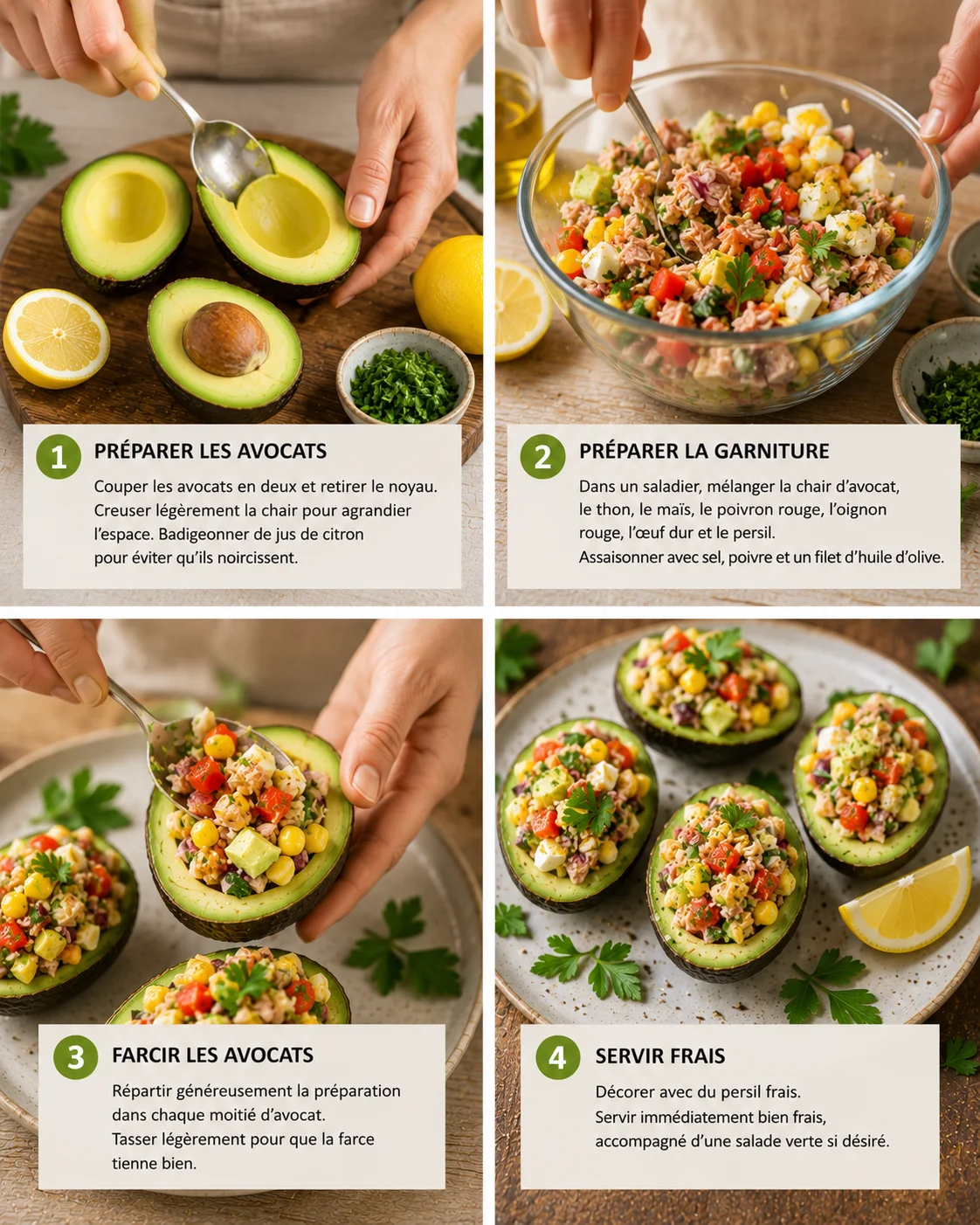 Étapes de préparation de la Salade Avocats Farcis, farce aux crevettes dans un bol