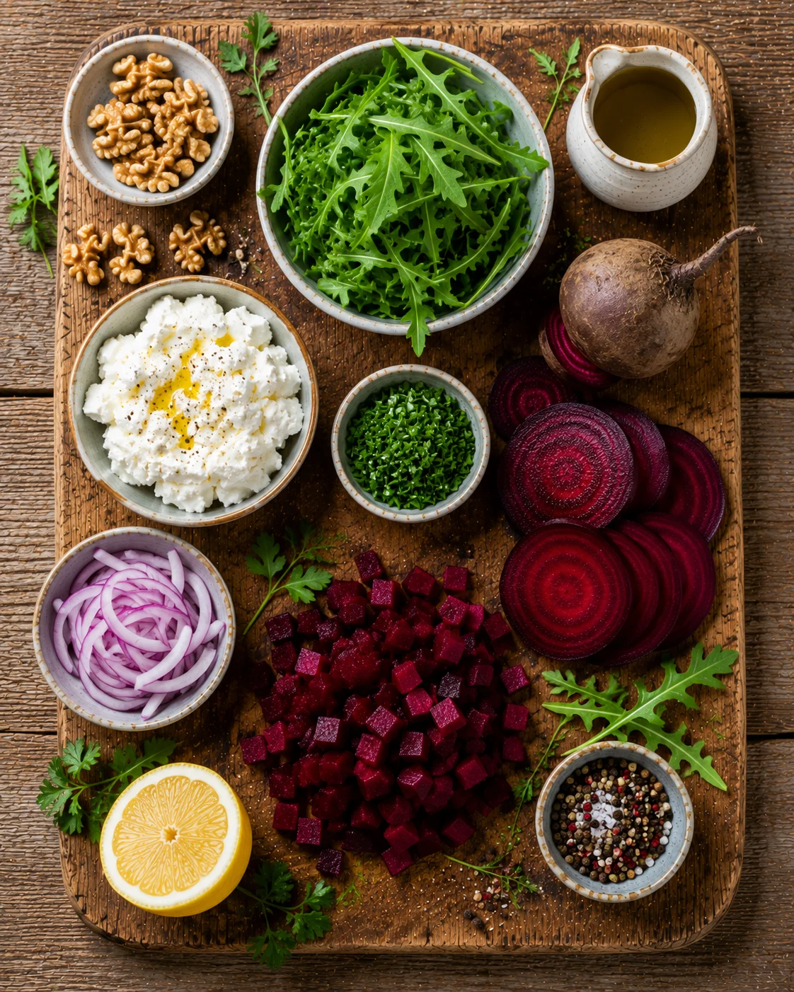 Ingrédients pour salade betterave fromage frais : betteraves, fromage frais, noix, herbes