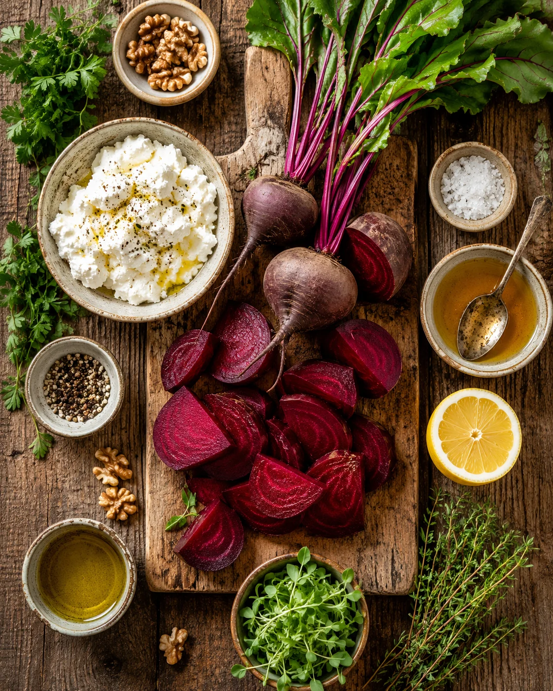 Ingrédients pour la Salade Betterave Fromage Frais disposés sur une planche en bois