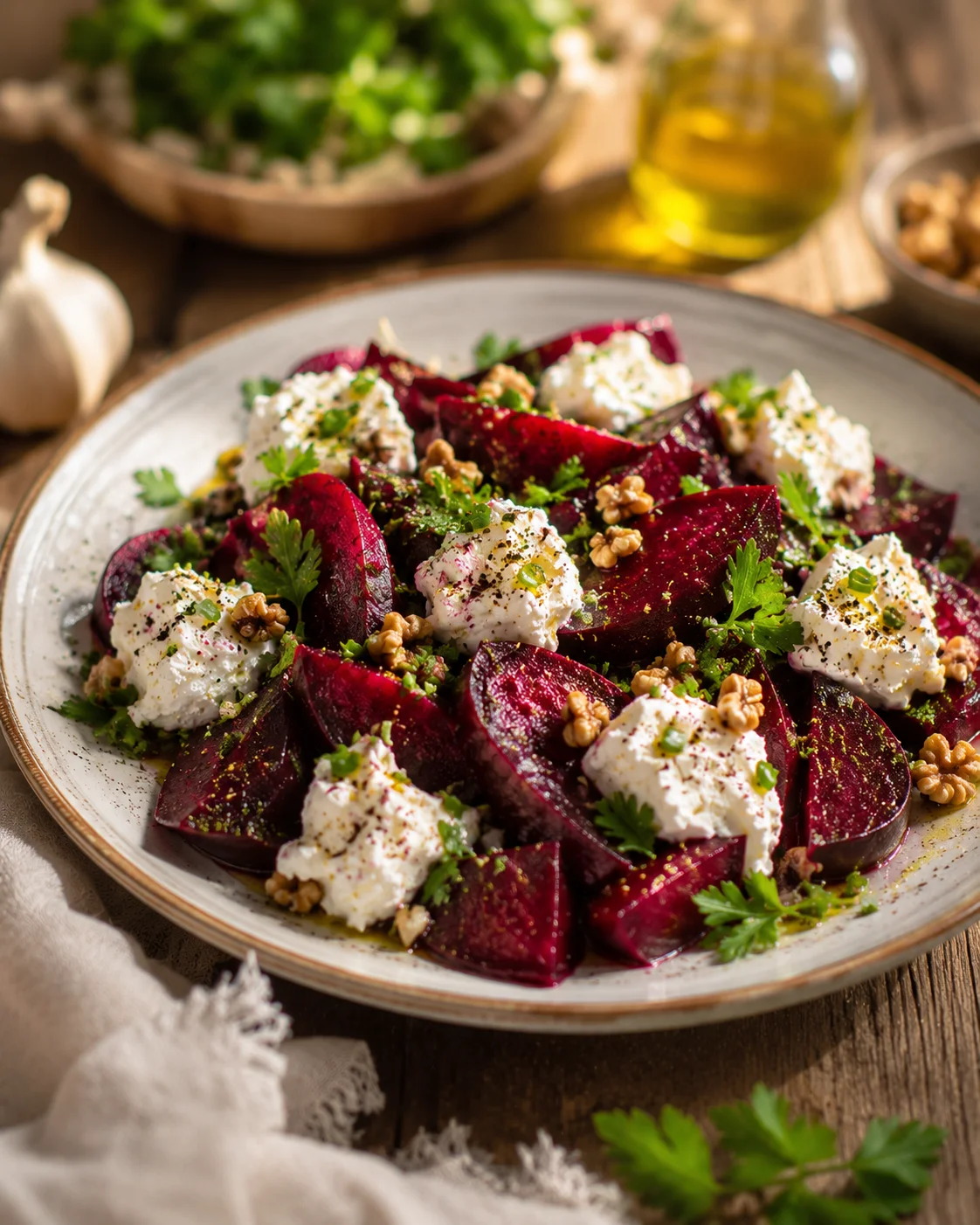 Salade betterave fromage frais servie dans une assiette blanche avec herbes fraîches