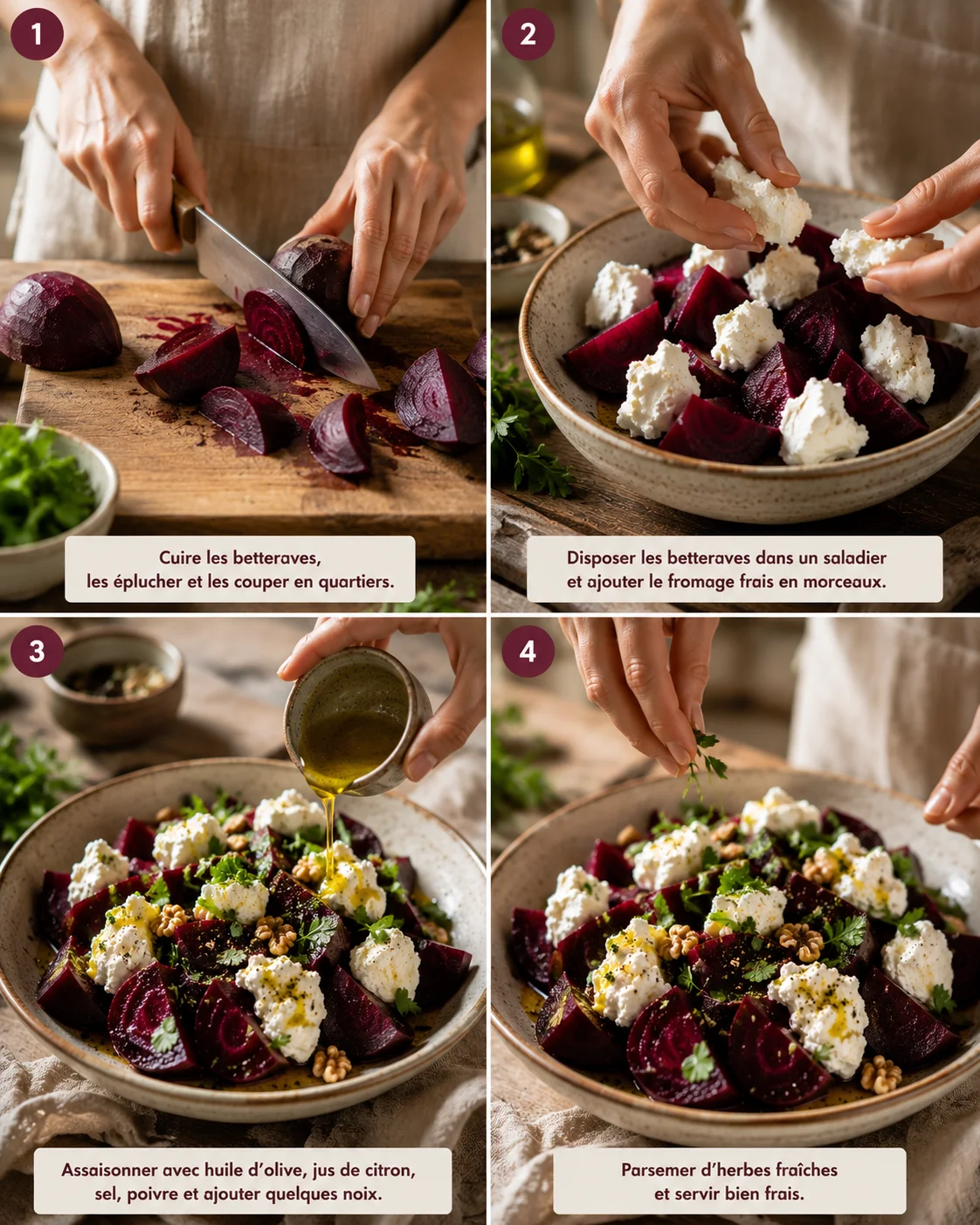 Étapes de préparation de la Salade Betterave Fromage Frais, découpe et dressage