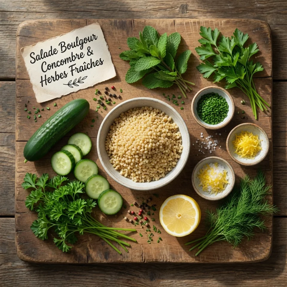 Ingrédients pour la Salade Boulgour Concombre & Herbes Fraîches