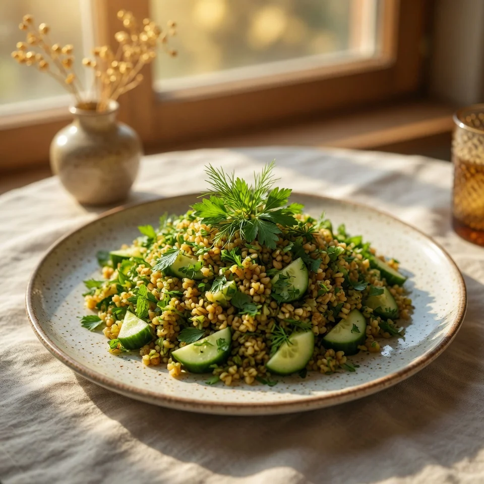 Salade Boulgour Concombre & Herbes Fraîches servie dans un saladier