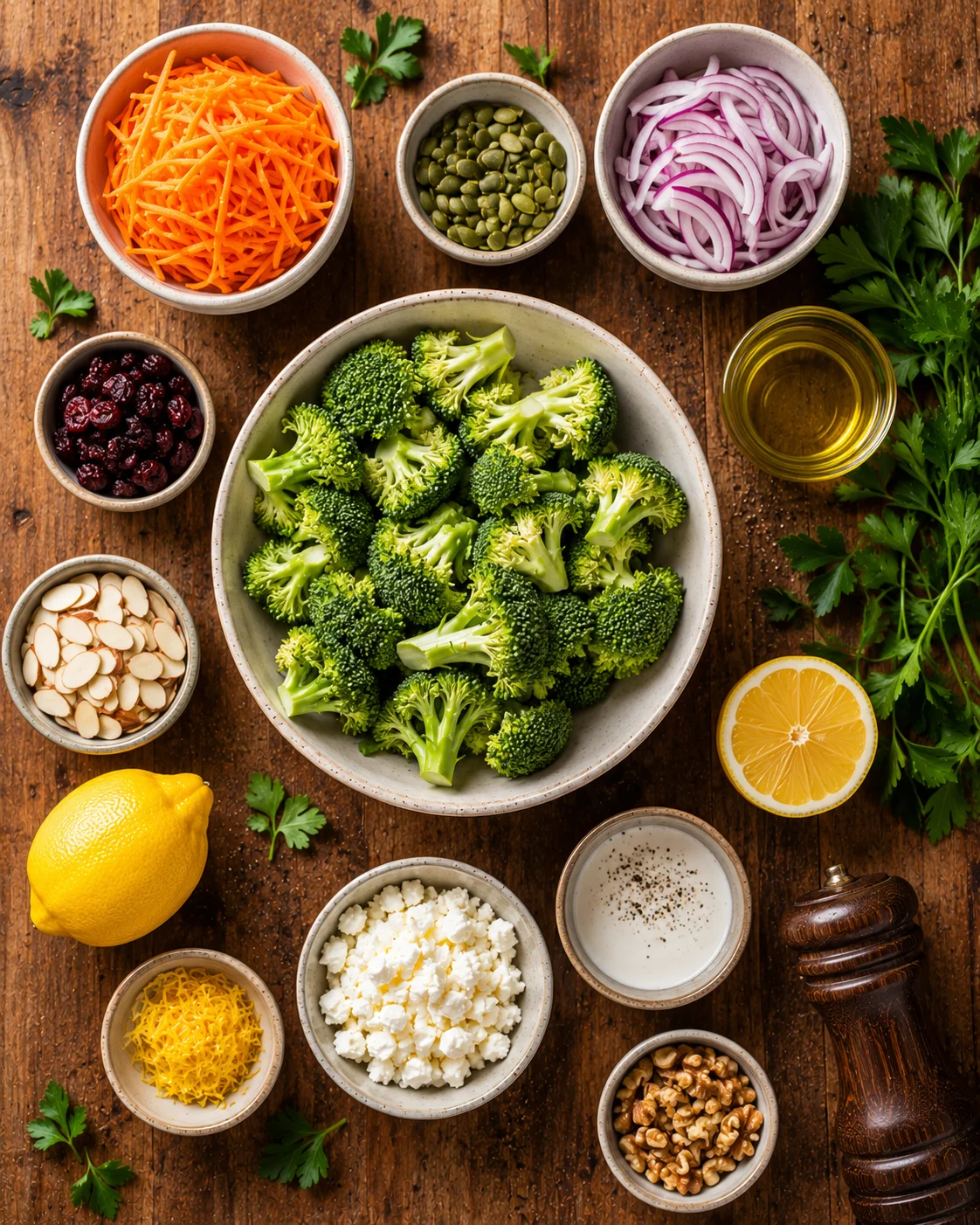 Ingrédients pour salade brocoli croquant citron disposés sur une planche en bois