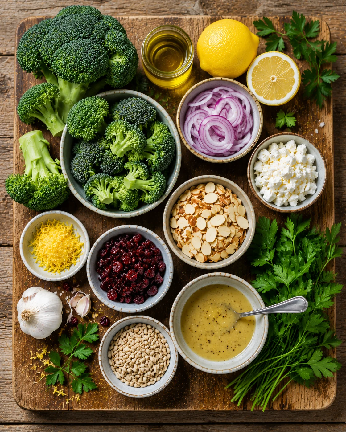 Ingrédients pour la salade brocoli croquant citron disposés sur un plan de travail en bois