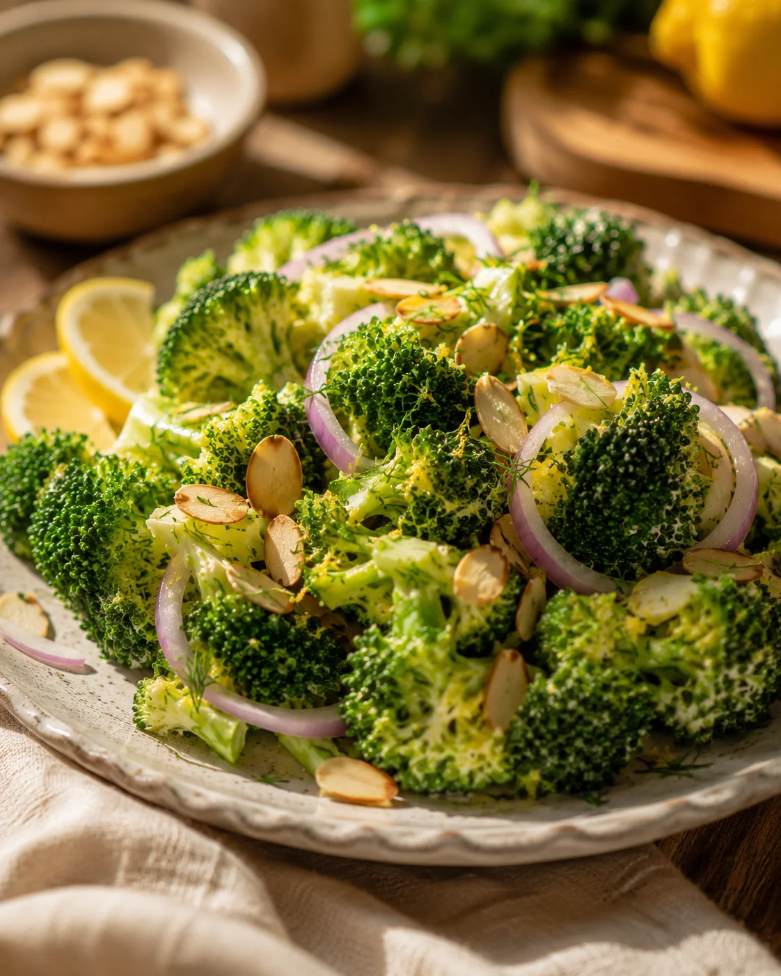 Salade brocoli croquant citron servie dans un beau bol avec amandes et vinaigrette