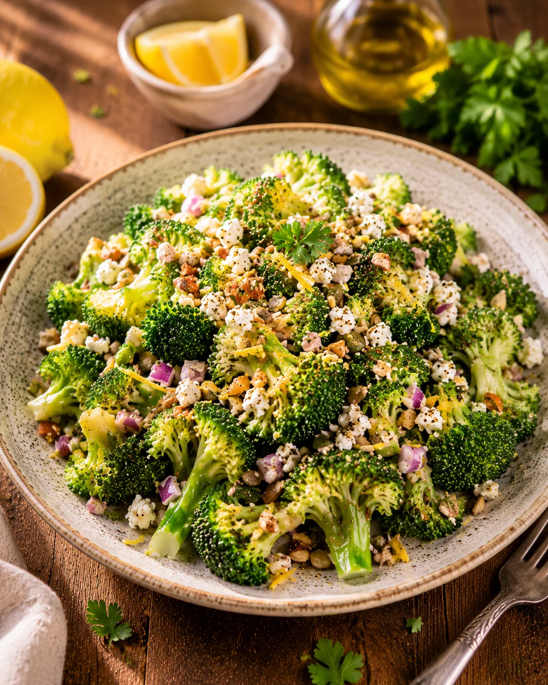 Salade brocoli croquant citron servie dans un grand bol blanc avec amandes et citron