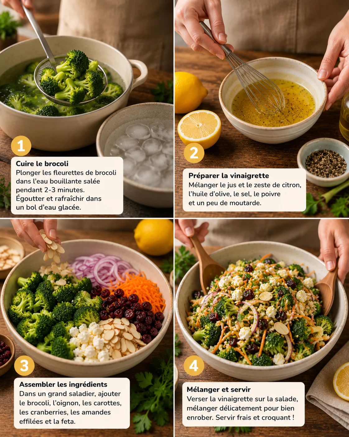 Préparation étape par étape de la salade brocoli croquant citron avec amandes