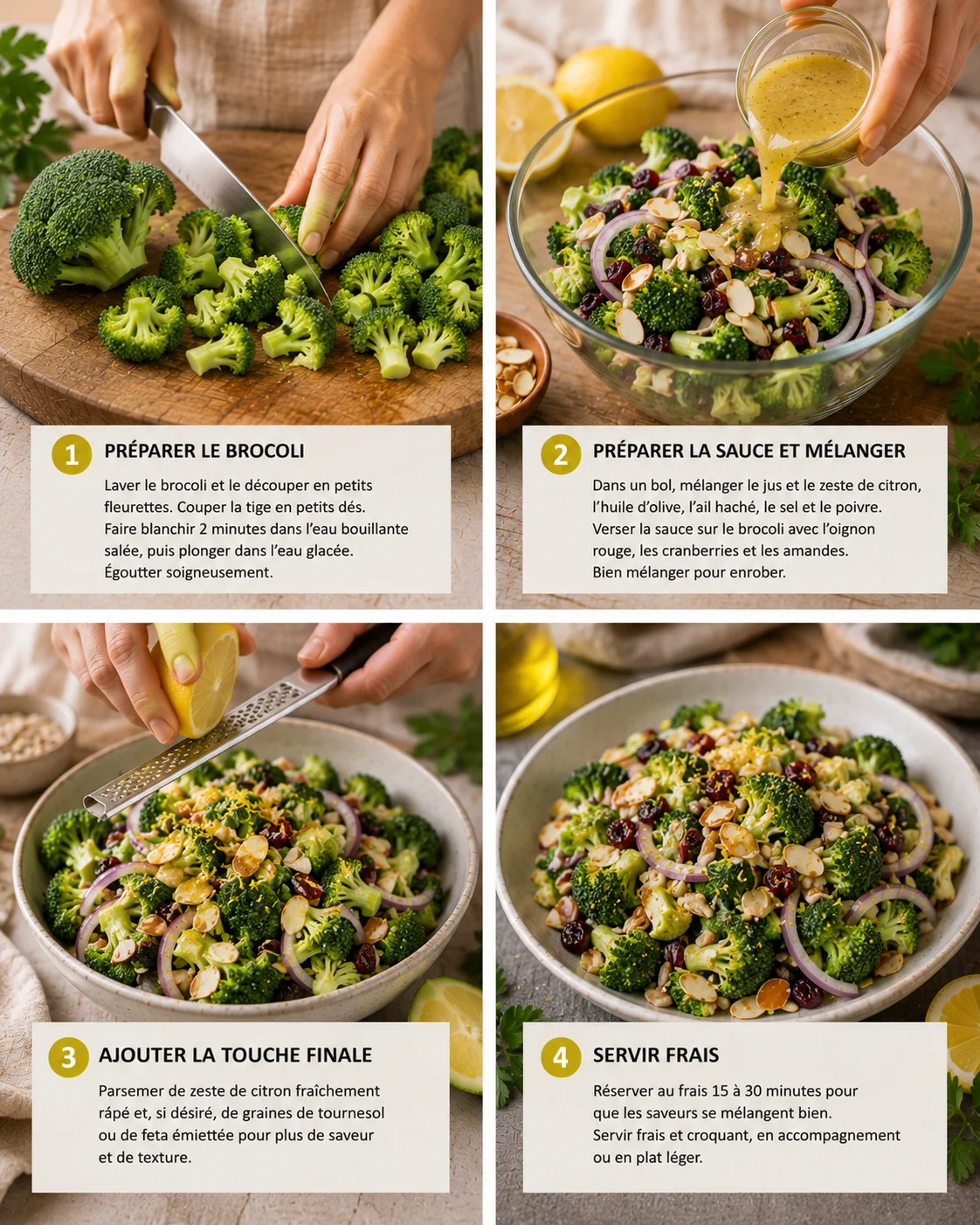 Étapes de préparation de la salade brocoli croquant citron avec choc thermique