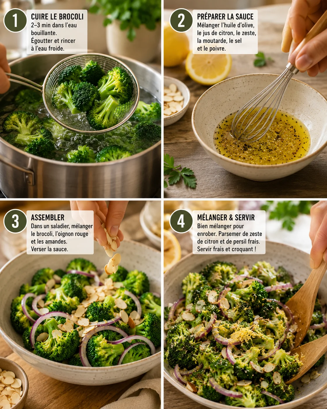 Salade Brocoli Croquant Citron étapes de préparation sur plan de travail