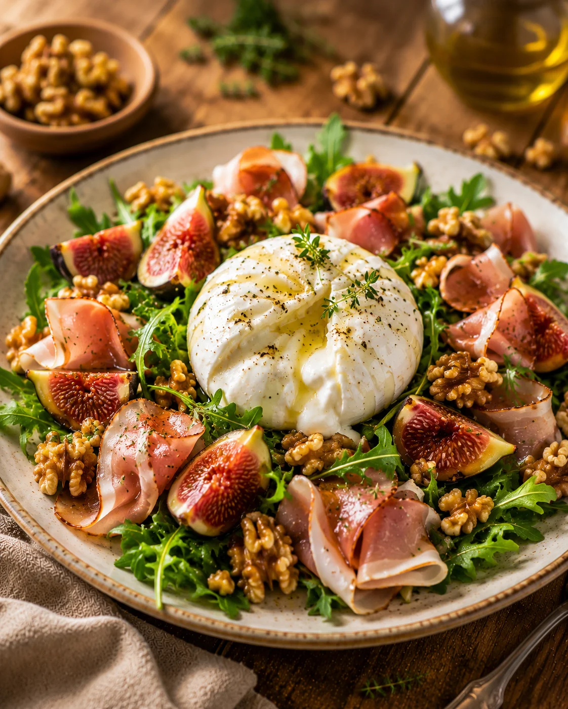 Salade Burrata Figues Jambon de Dinde Fumé & Noix servie