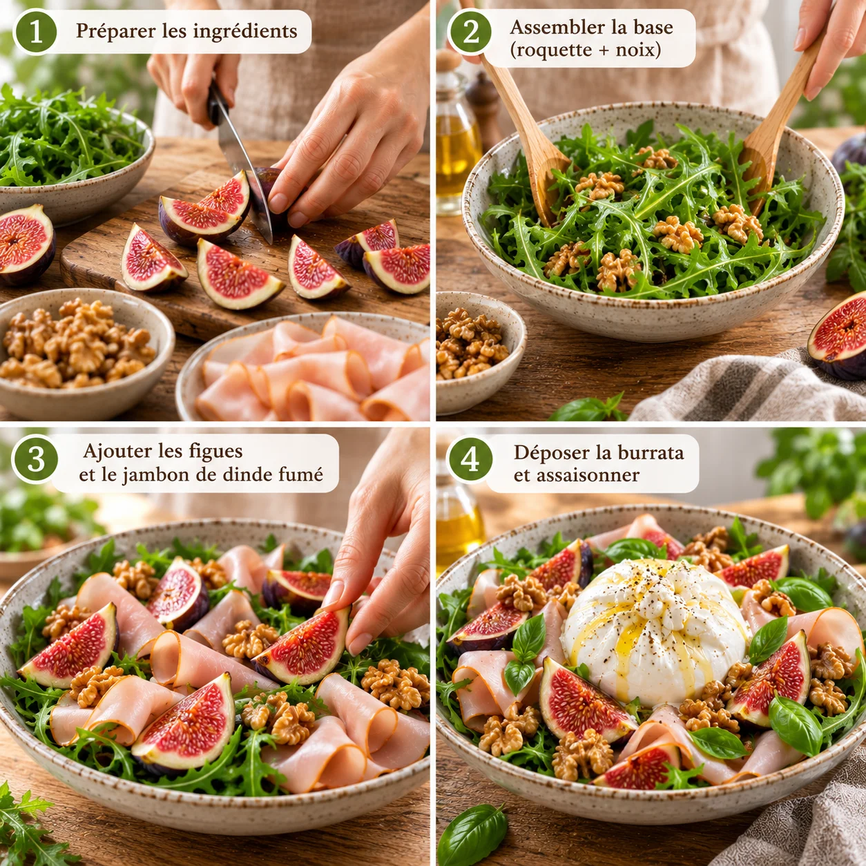 Salade Burrata Figues Jambon de Dinde Fumé & Noix étapes pas à pas
