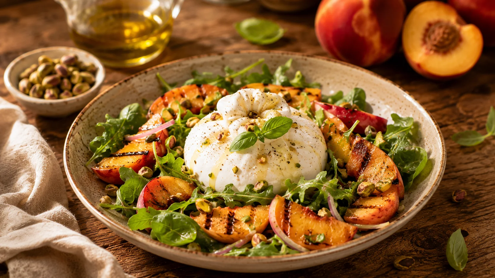 Salade Burrata Nectarines Grillées & Pistaches recipe