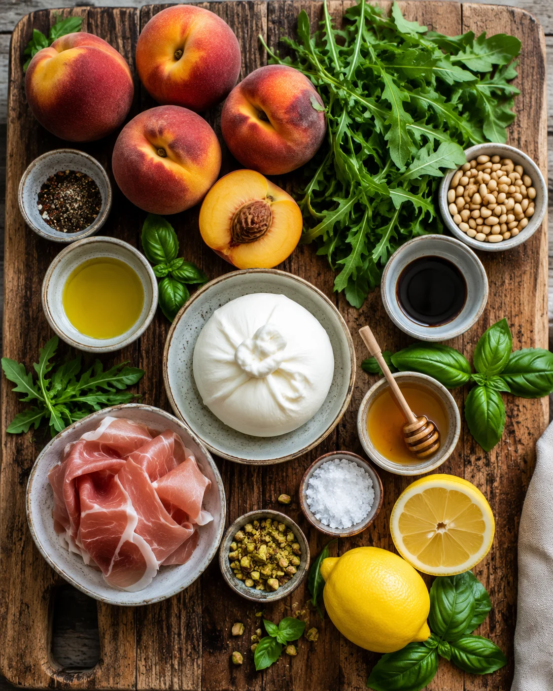 Ingrédients pour la Salade Burrata Pêches Grillées disposés sur une table en bois