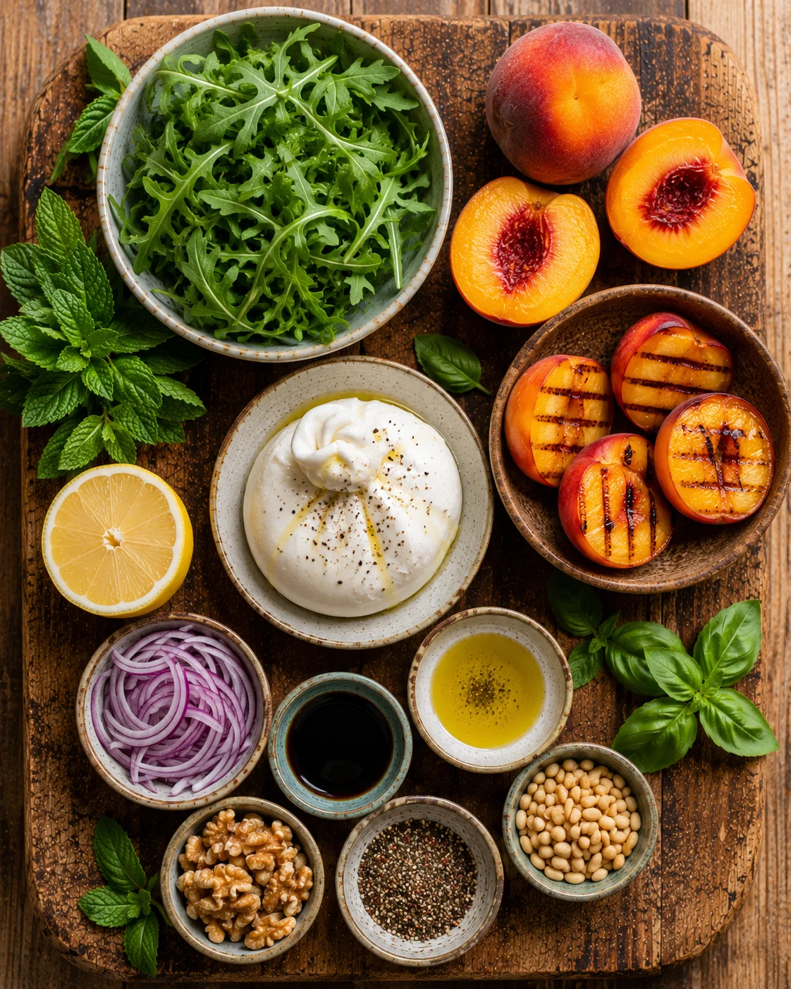 Ingrédients de la Salade Burrata Pêches Grillées disposés sur une table en bois