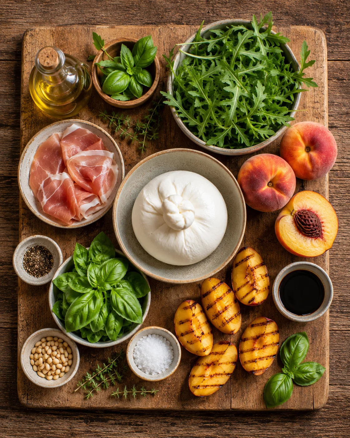 Ingrédients pour la salade burrata pêches grillées : pêches, burrata, roquette, basilic, huile d'olive