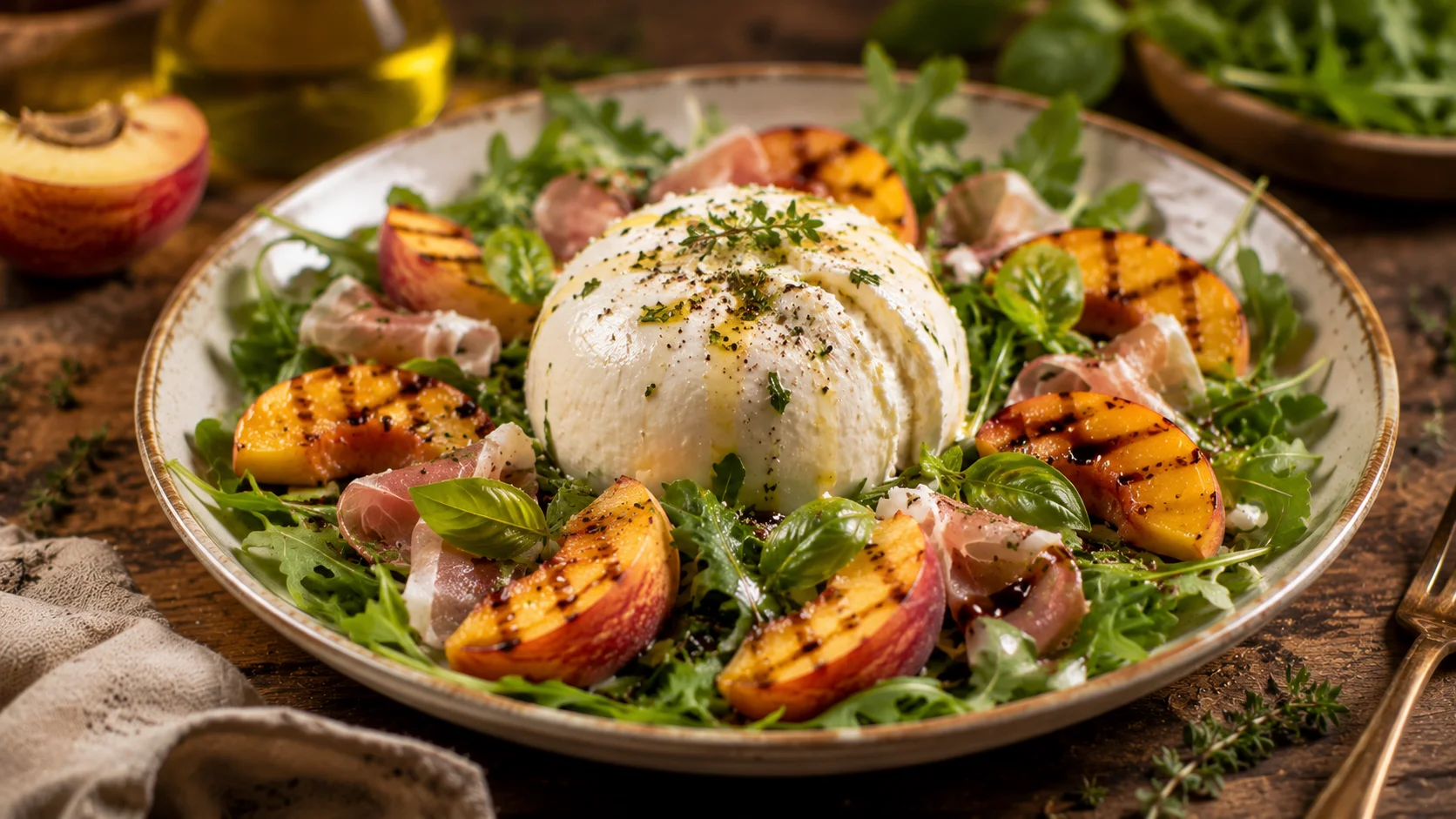 Salade Burrata Pêches Grillées recipe