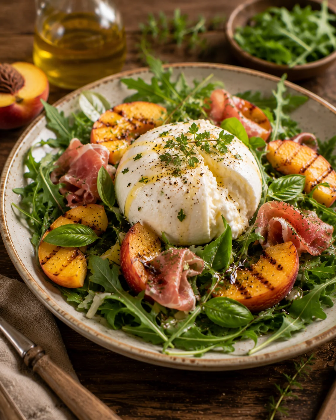 Salade burrata pêches grillées servie dans un grand plat avec basilic et pignons dorés
