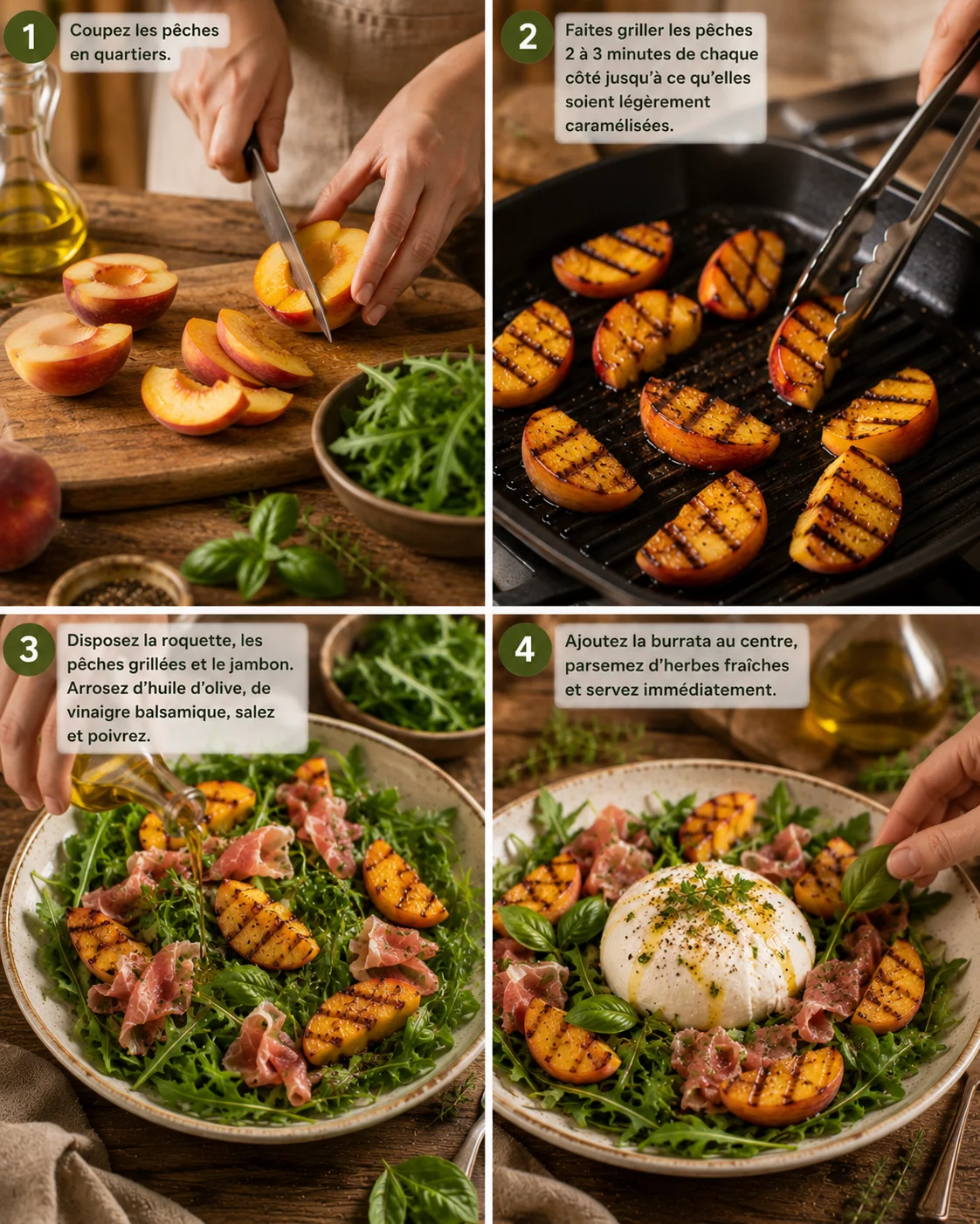 Salade burrata pêches grillées étape par étape : grillage des pêches et dressage