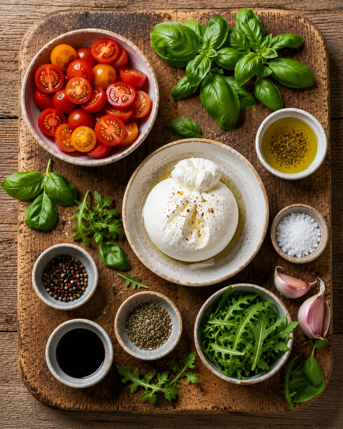 Salade Burrata Tomates Cerises Basilic ingrédients frais disposés sur une planche en bois