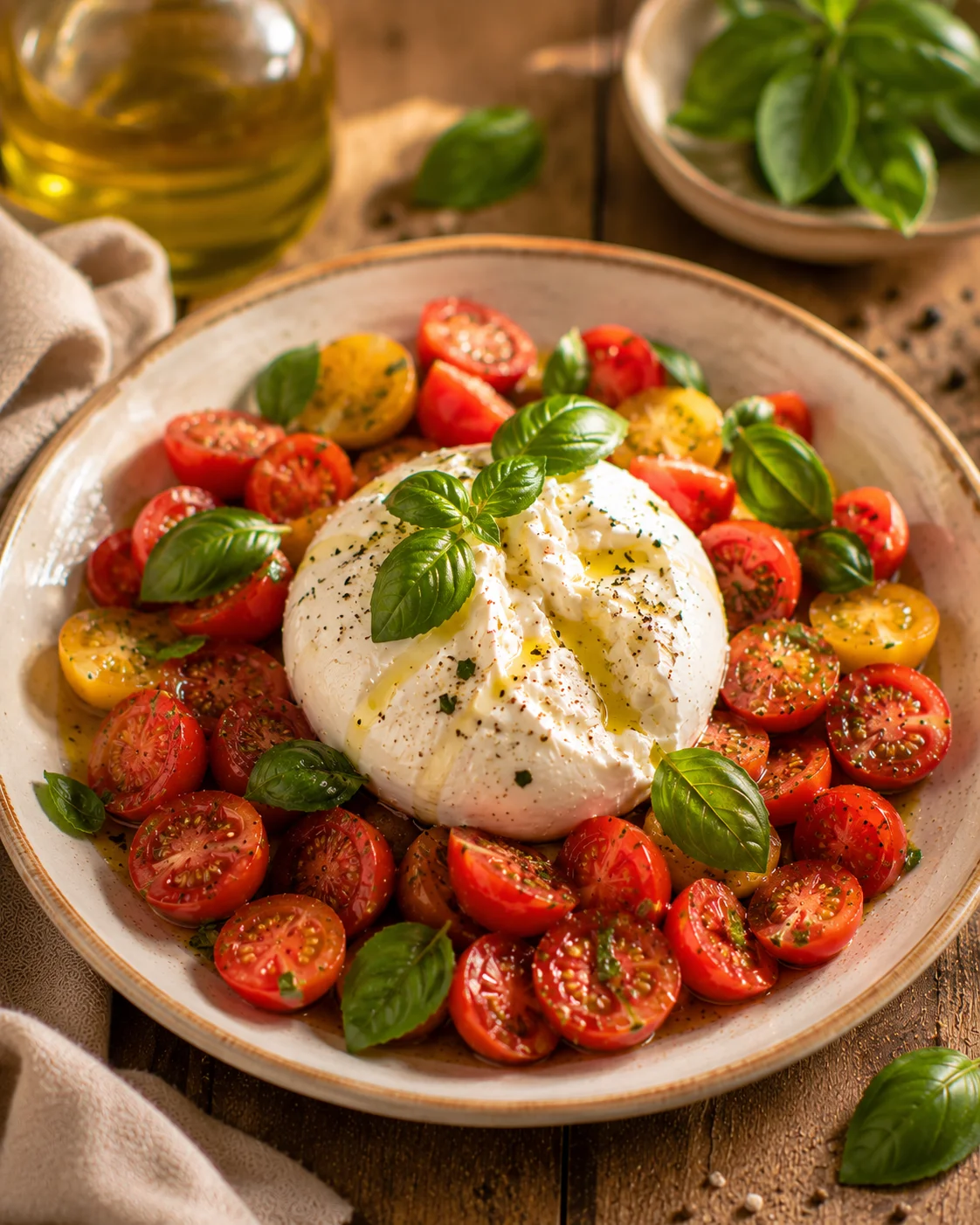 Salade Burrata Tomates Cerises Basilic servie sur table en bois avec pain ciabatta et carafe de vin blanc