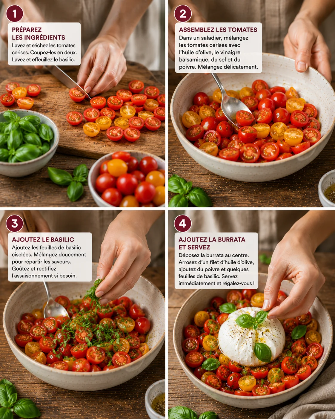Salade Burrata Tomates Cerises Basilic étapes de préparation sur plan de travail en bois