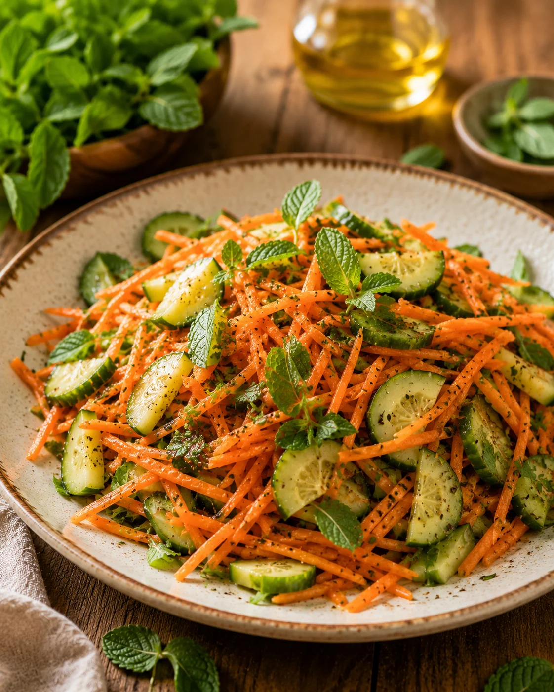 Salade Carottes Concombre Menthe servie dans un joli bol avec vinaigrette