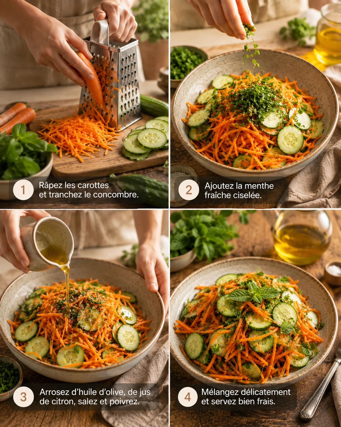 Salade Carottes Concombre Menthe étape par étape dans un saladier blanc