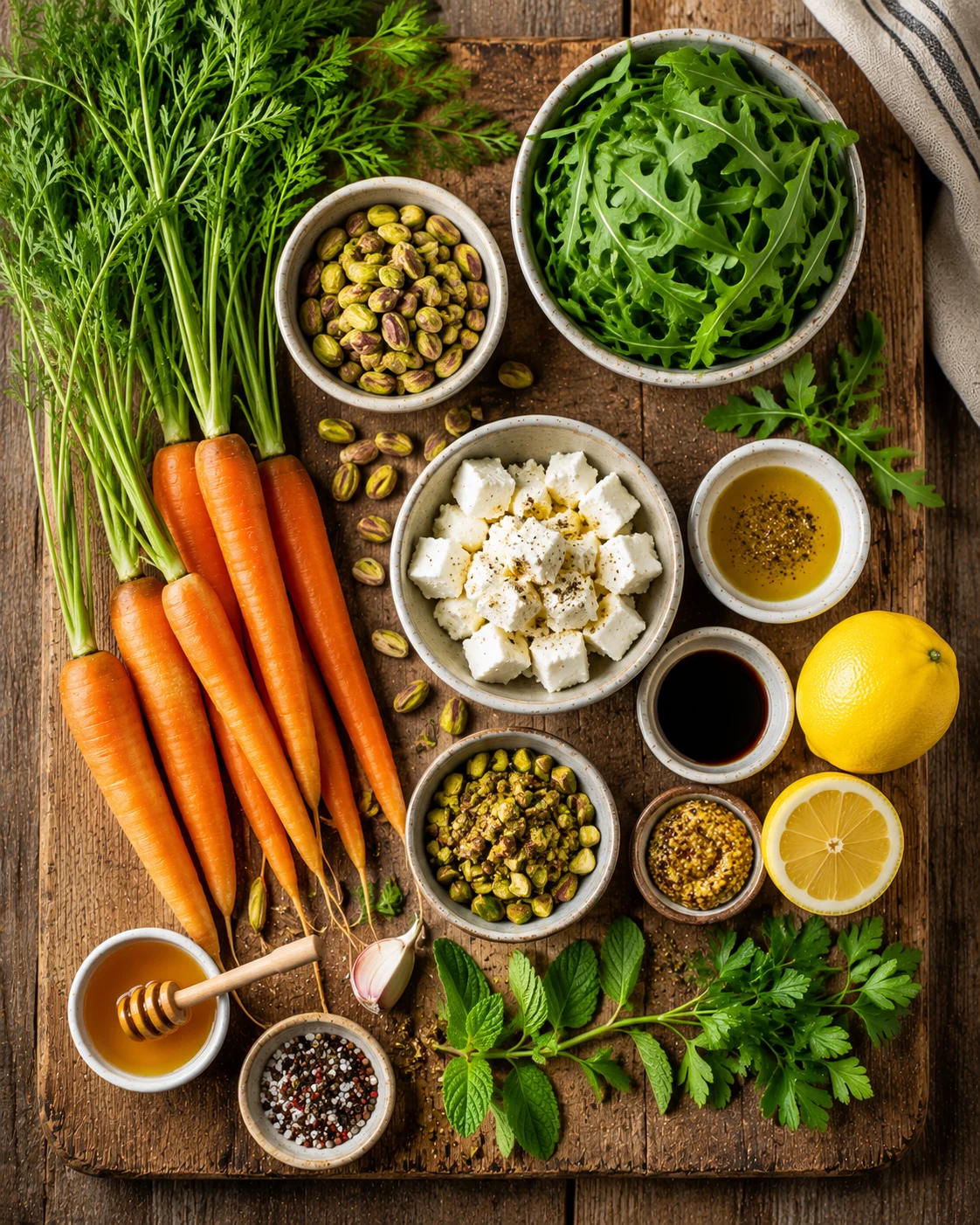 🥗 Salade Carottes Rôties Feta Pistaches ingrédients disposés sur une planche en bois