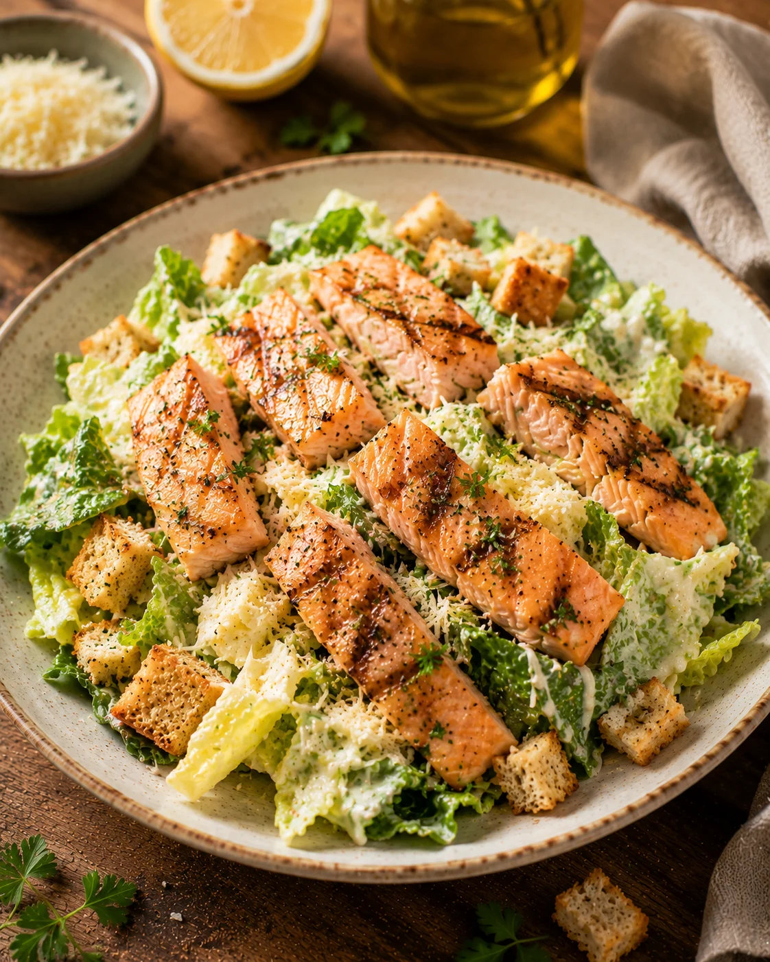 🥗 Salade César au Saumon Grillé served