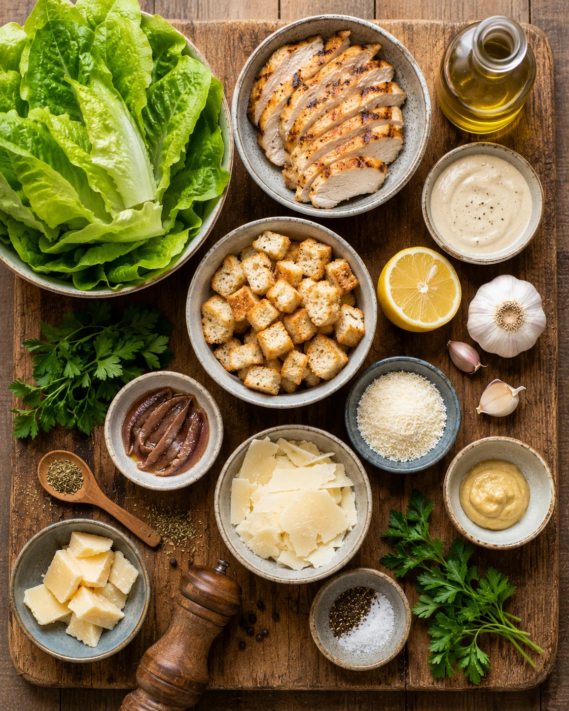 Ingrédients pour la Salade César Légère au Poulet Grillé : laitue romaine, poulet grillé, yaourt grec, parmesan et citron