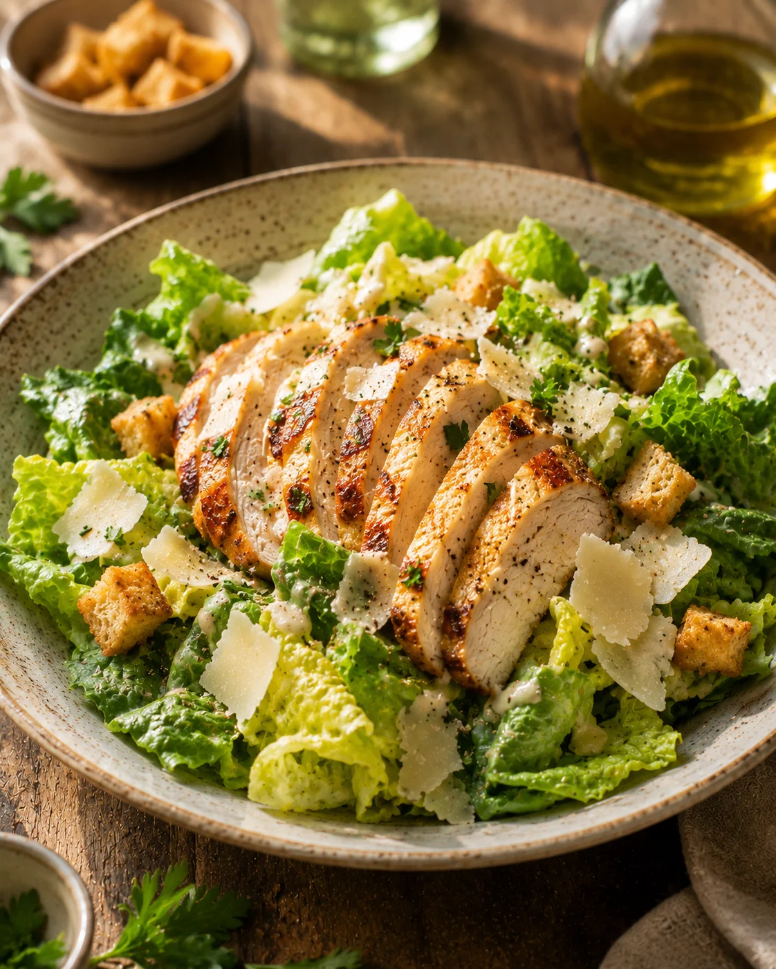 Salade César Légère au Poulet Grillé servie sans croutons avec des copeaux de parmesan et des graines de tournesol dans une assiette blanche