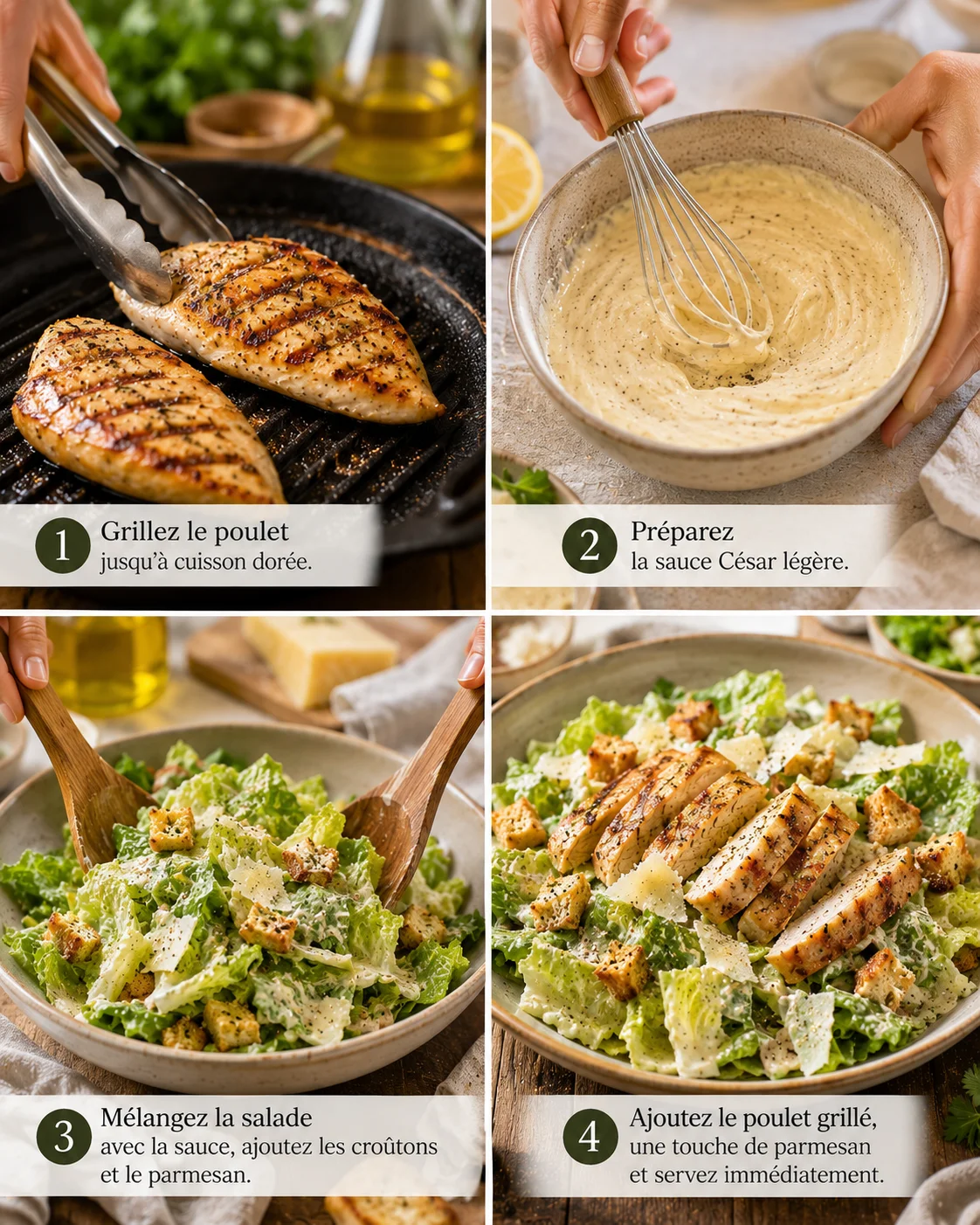 Étapes de préparation de la Salade César Légère au Poulet Grillé : poulet grillé tranché, sauce yaourt et assemblage de la salade