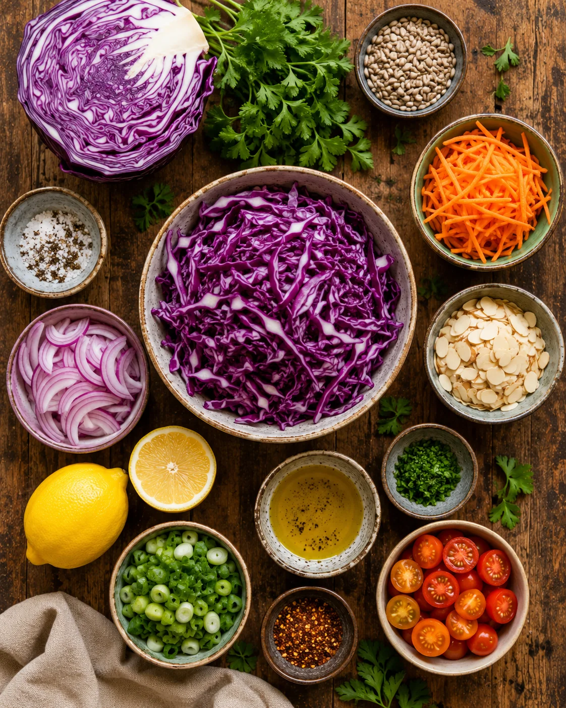 Ingrédients de la salade chou rouge croquant disposés sur une table en bois