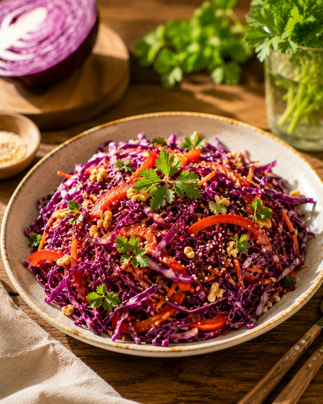 Salade Chou Rouge Croquant servie dans un grand saladier blanc avec des noix et du persil