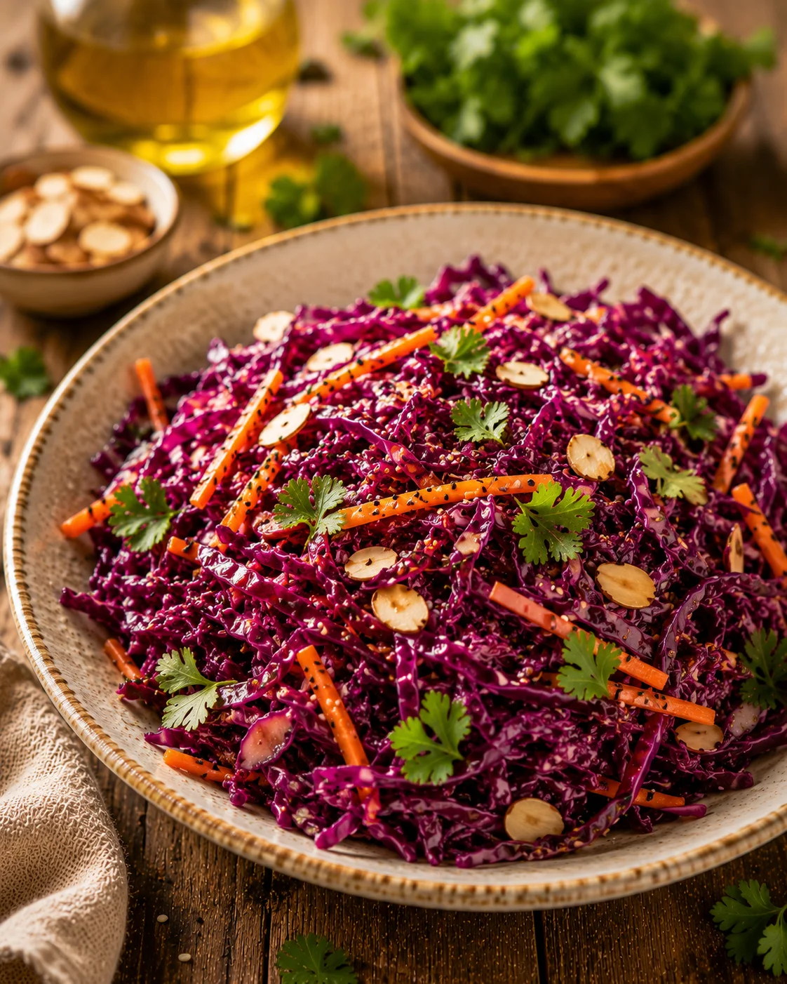 Salade chou rouge croquant avec pomme servie dans un bol blanc sur table en bois