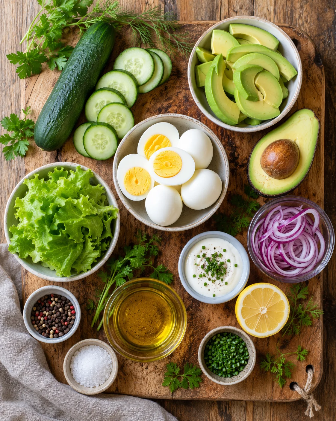 Salade concombre avocat et œufs ingrédients frais sur plan de travail