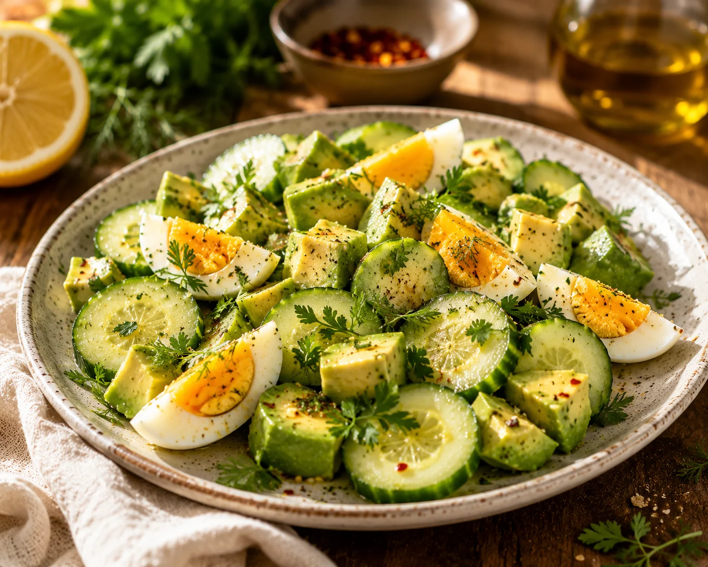 Salade concombre avocat et œufs servie dans un bol blanc avec herbes fraîches