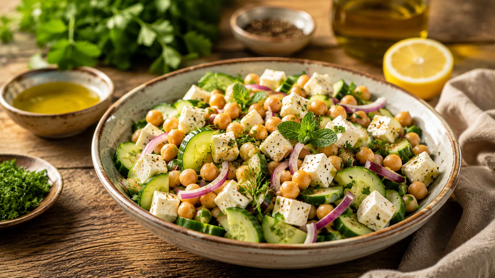 Salade Concombre Pois Chiches & Feta recipe