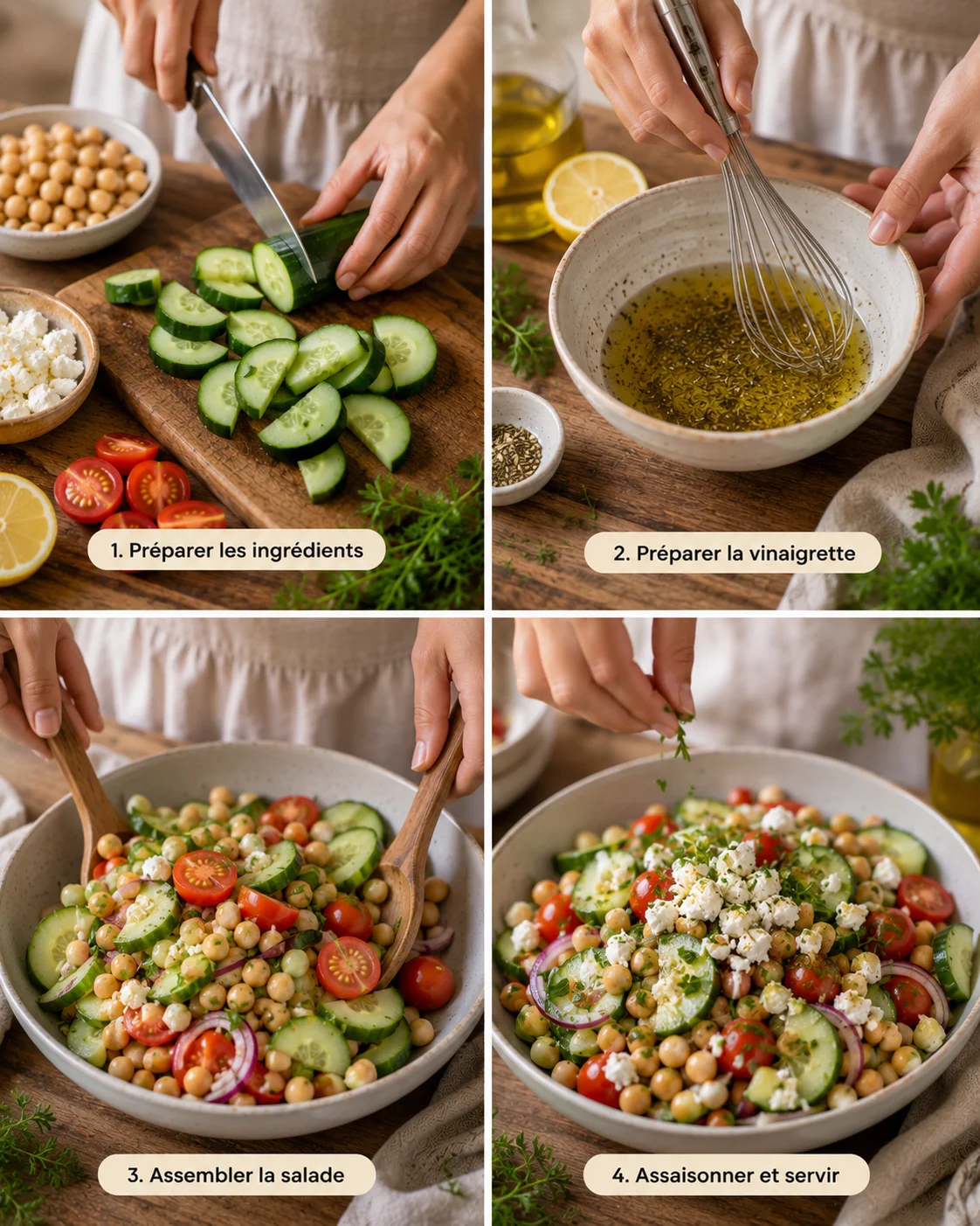 Étapes de préparation de la Salade Concombre Pois Chiches Feta sur une planche en bois