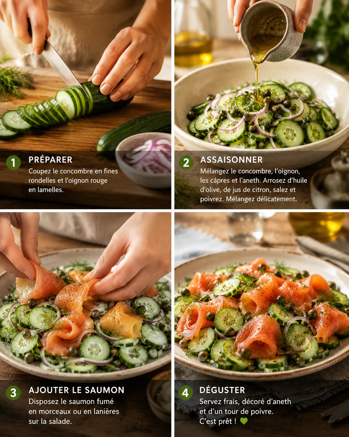 Préparation étape par étape de la salade concombre saumon fumé