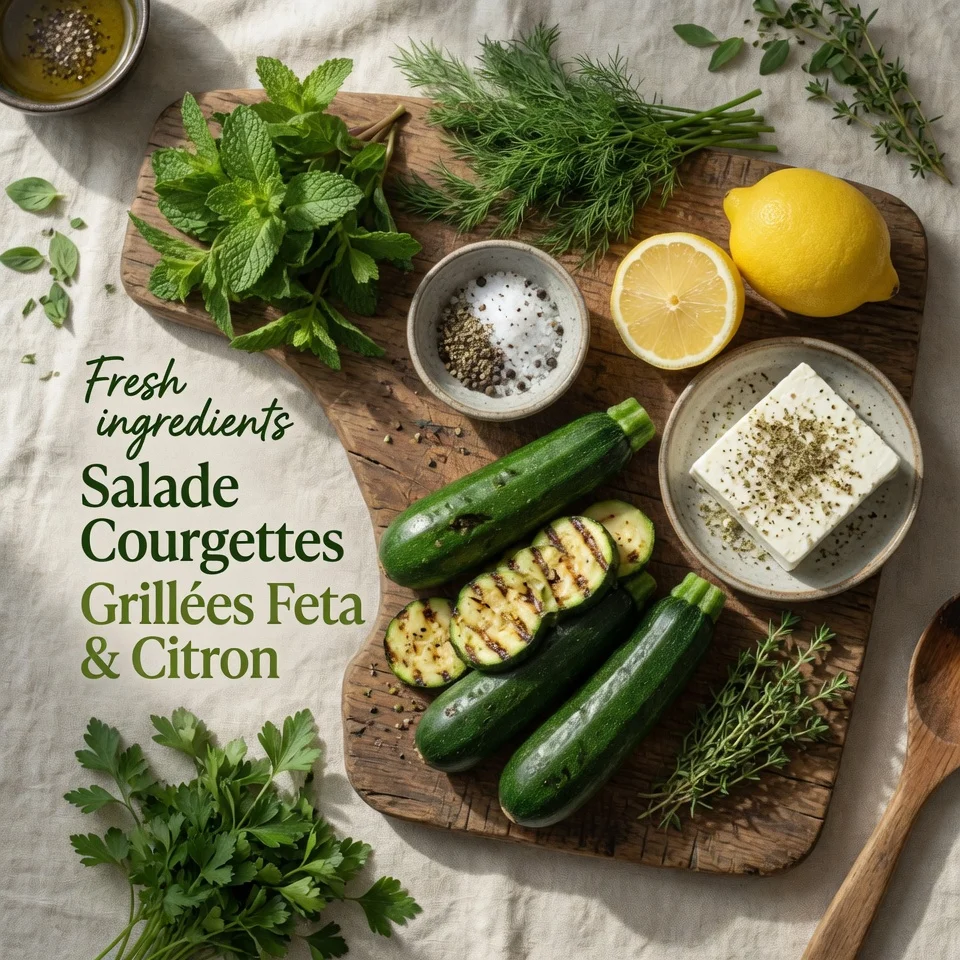 Ingrédients de la Salade Courgettes Grillées Feta Citron disposés sur une table en bois